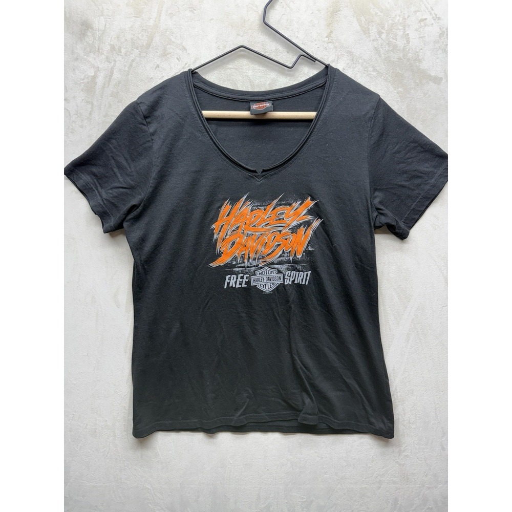 Harley Davidson Shirt Womens Top Extra Large Black V Neck Cotton Stretch Grunge